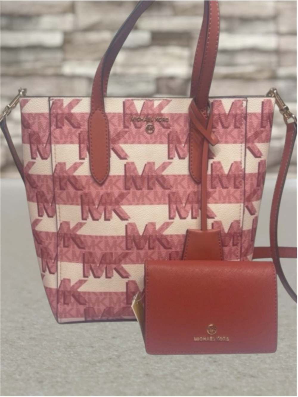 Michael Kors Sinclair Logo Shopper Tote & Matching Wallet Cinnamon Pink Cream - Picture 13 of 13